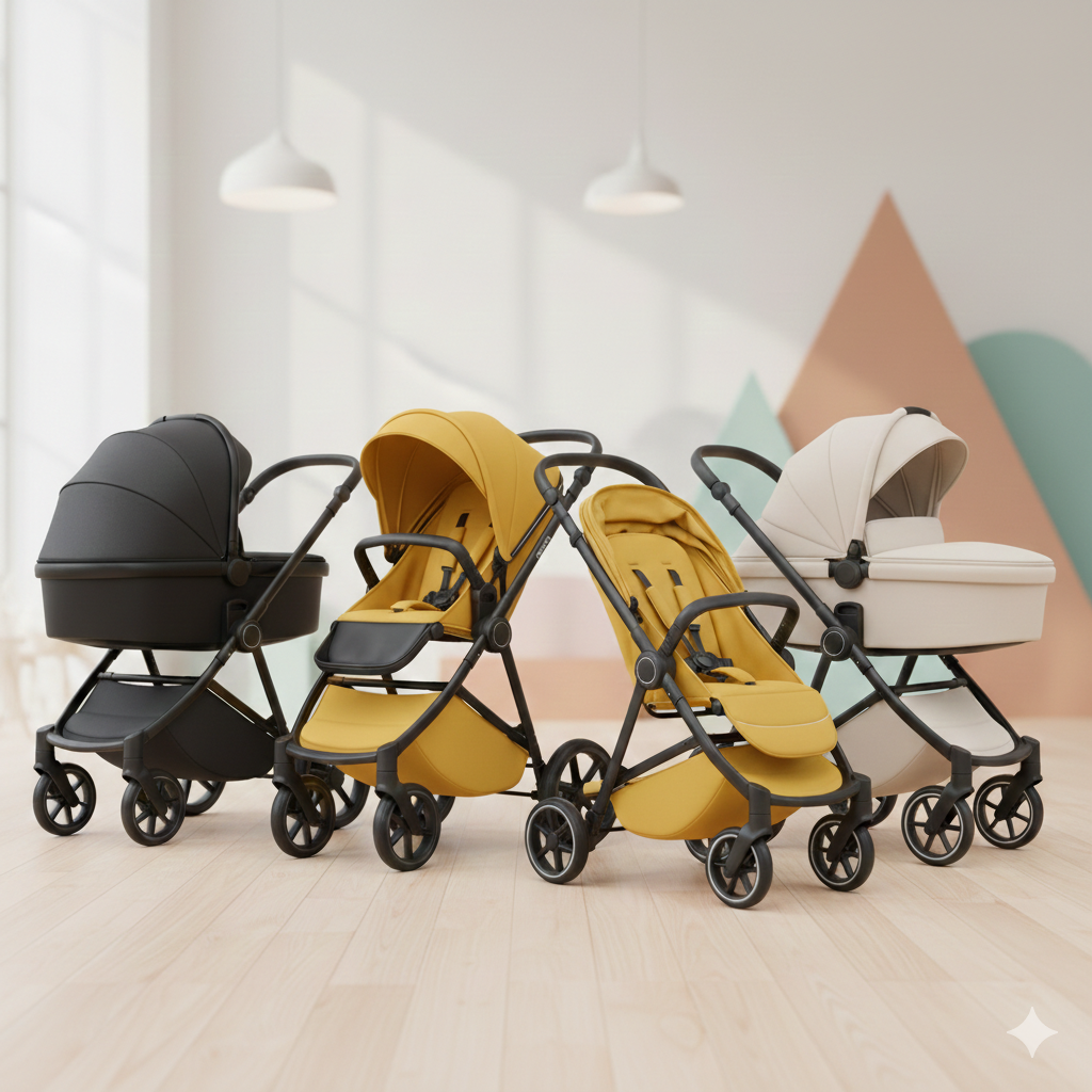 Parent checking a safe used stroller for brakes, wheels, and harness before buying