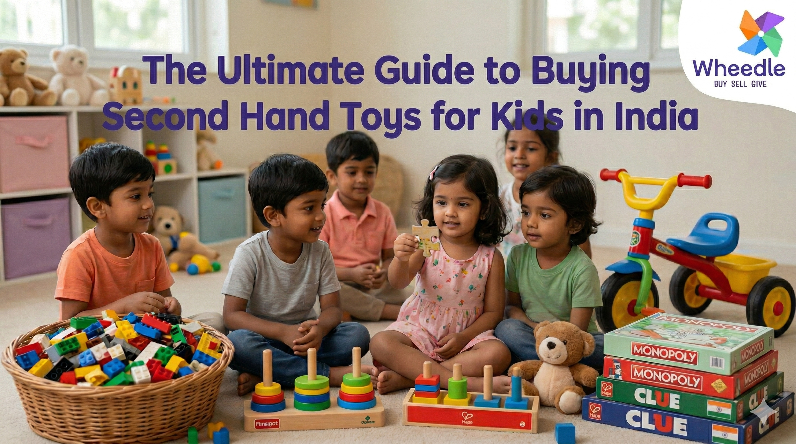 Indian mother and toddler playing together with second hand toys on a wooden floor